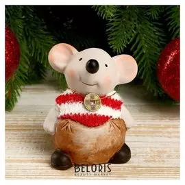 Сувенир керамика "Мышонок-толстяк в полосатом свитере с монеткой на счастье" 8,5х5,2х7 см