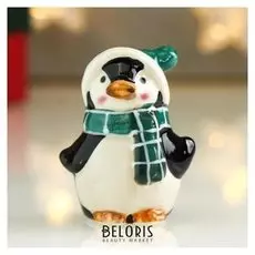 Сувенир керамика "Пингвин лоло в зелёном новогоднем колпаке и шарфике" 7х4,5х5,5 см