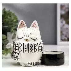 Сувенир керамика подсвечник "Котёнок в шарфике" бело-чёрный с золотом 11,1х7,5х15 см