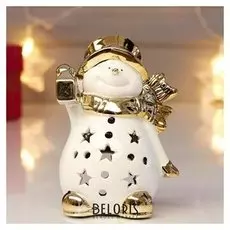 Сувенир керамика подсвечник "Снеговик в шляпе и шарфе с фонариком" золото 12х6,5х8,5 см