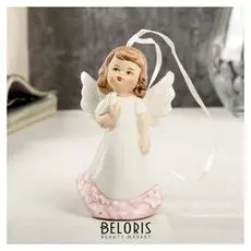 Сувенир керамика подвес+колокол "Ангел-девочка в платье с цветами, с голубем"9,3х3,6х5,5см