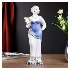 Сувенир керамика "Пышечка в бело-голубом платье с пером" 30,5х11,5х8 см