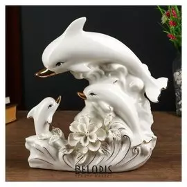 Сувенир керамика "Семейство белых дельфинов с цветком" 32х12х30 см