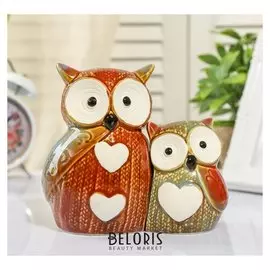 Сувенир керамика "Семейство филинов - вязаные" набор 2 шт 14,5х15х10 см