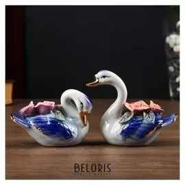 Сувенир керамика "Синие лебеди с букетом роз" набор 2 шт 8,5х5х9 см