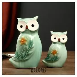 Сувенир керамика "Совушки с цветочком" набор 2 шт 13х8,5х4,5; 17,7х10,5х6 см