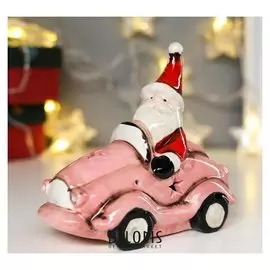 Сувенир керамика свет "Дед мороз в красном наряде на розовой машине" 13,5х8х14 см