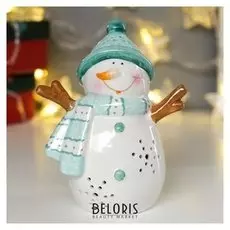 Сувенир керамика свет "Снеговик в бирюзовой шапке с бомбошкой" 13х7,3х10,3 см