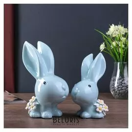 Сувенир керамика "Зайчики с незабудками" голубой набор 2 шт 20,5х13х9 см