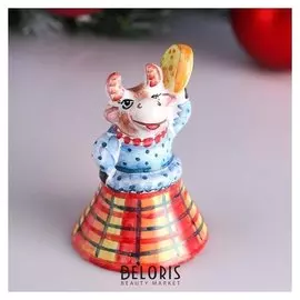 Сувенир "Коровка с бубном", колокольчик, 10х6,5х6,5см, ярославская майолика