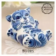 Сувенир «Кот на спине», 5 см, гжель