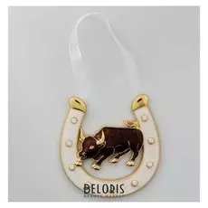 Сувенир-подкова "Коричневый Бык" с эмалью и стразами, подвесная, 10х1,1х10,3см.