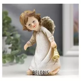 Сувенир полистоун "Ангел в бежевом платье с золотым колокольчиком" 12х7х7,5 см