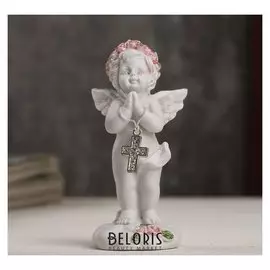 Сувенир полистоун "Белоснежный ангел в розовом веночке с крестиком" 8х3,5х3,8 см