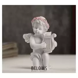Сувенир полистоун "Белоснежный ангел в розовом веночке с лирой" 7,3х6,3х5 см