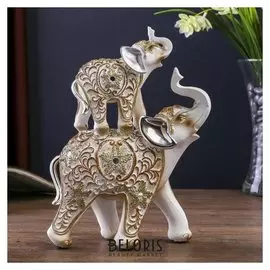 Сувенир полистоун "Белые слоны с ажурным цветочным рисунком" 19,5х6х14,6 см