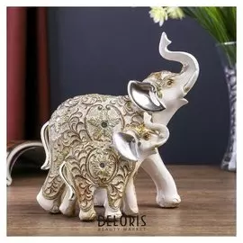 Сувенир полистоун "Белый слон со слонёнком с ажурным цветочным рисунком" 14,7х9,4х16 см