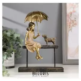 Сувенир полистоун "Девочка на скамейке под зонтом, с пёсиком" бежевый 22,5х16,5х5,3 см