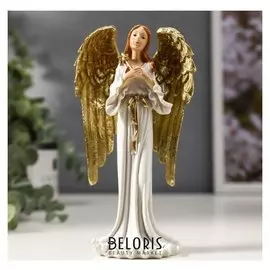 Сувенир полистоун "Девушка ангел-хранитель с золотыми крыльями, в белом платье" 16х8х5 см