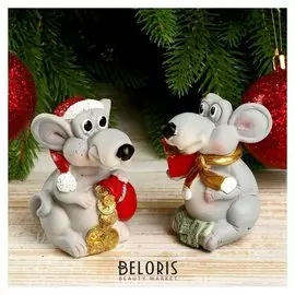 Сувенир полистоун "Крыс с золотым бантом/красном колпаке" 7,8х5,7х7,5 см