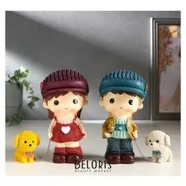 Сувенир полистоун "Малыш/малышка с щенком, в кепке" 13х7х7,5 см