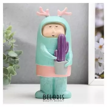 Сувенир полистоун "Малыш с оленьими рожками и кактусом в горшке" 18х7х7,5 см