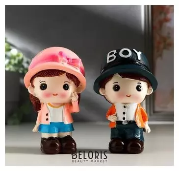 Сувенир полистоун "Малыш в кепке/малышка в шляпке" набор 2 шт 10х5,8х5,5 см