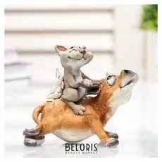 Сувенир полистоун миниатюра "Кот с мышонком оседлали телёнка" 8х5х9,5 см