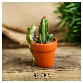 Сувенир полистоун миниатюра "Лягушонок на горшке с кактусом" 6х3,5х4 см