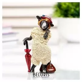 Сувенир полистоун миниатюра "Овечка в шляпке, с хонтом и редикюлем" 9,5х4х5,5 см
