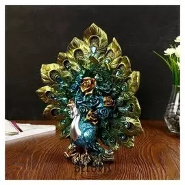 Сувенир полистоун "Павлин с зелёным хвостом с розами" стразы 30,5х27х13 см