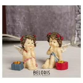Сувенир полистоун подсвечник "Ангел в веночке с розами" 8х5,5х7,5 см