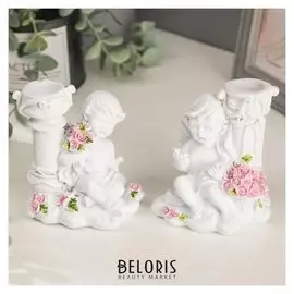 Сувенир полистоун подсвечник "Белоснежный ангел с розами" 10х9,5х6,8 см