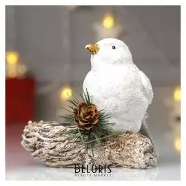 Подсвечник "Белый воробей на еловой ветке с шишкой" 9,5х8х10,5 см