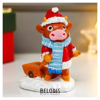 Подсвечник "Бычок в новогоднем кафтане с тележкой"