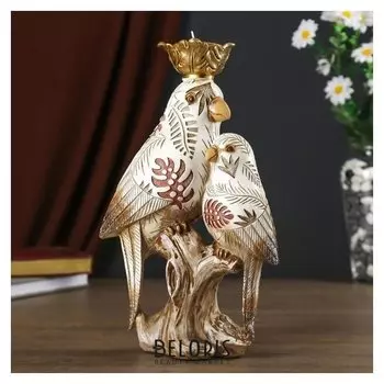 Сувенир полистоун подсвечник со свечой "Попугай с птенцом, с листьями на перьях" 27х9х16 см 483850