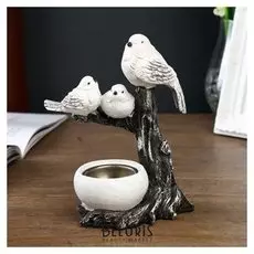 Сувенир полистоун подсвечник "Три белых воробушка на коряге" 17,5х12х7 см