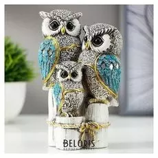 Сувенир полистоун "Семейство серых филинов с синими крыльями, на пеньках" 14,5х8,5х5,5 см