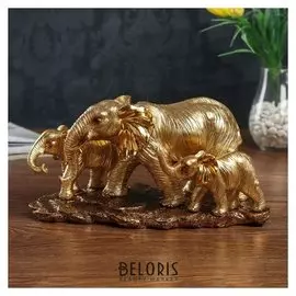 Сувенир полистоун "Слон со слонятами" золото 15х13х30 см