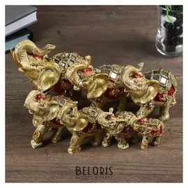 Сувенир полистоун "Слон в красной попоне с узорами и зеркалами" H=13;11;10;8;8;6;5 см