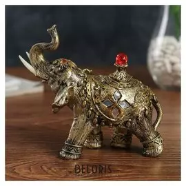 Сувенир полистоун "Слон в золотой попоне с кистями, зеркалами и рубином" 13х7,5х14,5 см