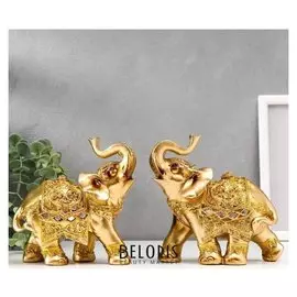 Сувенир полистоун "Слоны в золотых доспехах" набор 2 шт 15х15х6,5 см