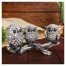 Сувенир полистоун "Сова с маленькими совятами, с большими глазами на ветке" 9,5х19х7 см