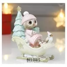 Сувенир полистоун "Совушка в санях деда мороза" розовый с голубым 10х9,5х4,2 см