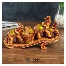 Сувенир полистоун "Три денежных слона с тележкой монет" под дерево 14х5,5х24 см