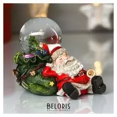 Сувенир полистоун водяной шар "Дед мороз спит на мешке с подарками" D=4,5 см 7,5х6,5х10 см