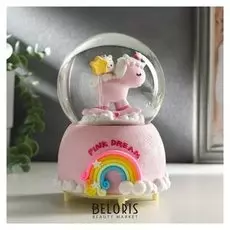 Сувенир полистоун водяной шар музыка "Котик/зайка на единороге" крутится 15.5х10х10 сv 511481