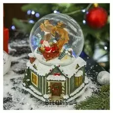 Сувенир полистоун водяной шар музыкальный крутится "Дед мороз на крыше дома"15,5х13х11,5 см