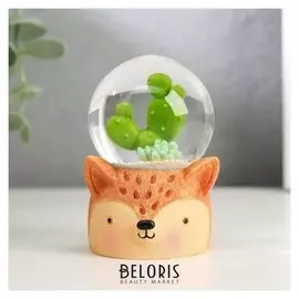 Сувенир полистоун водяной шар свет "Лисёнок с кактусом" D=4,5 см 6,5х4,5х4,5 см