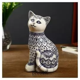 Сувенир полистоун зеркальные вставки "Белая расписанная синим кошка" 20,5х8,5х11,5 см